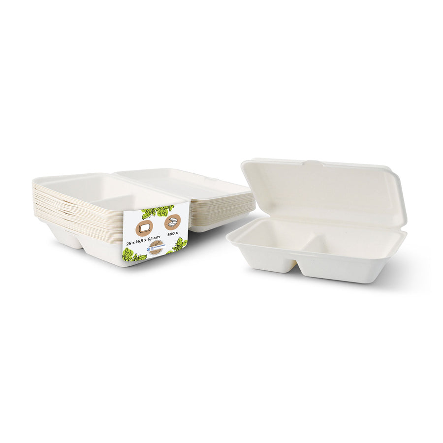 Zuckerrohr-Menübox 2 Kammern mit Klappdeckel, 650 ml rechteckig