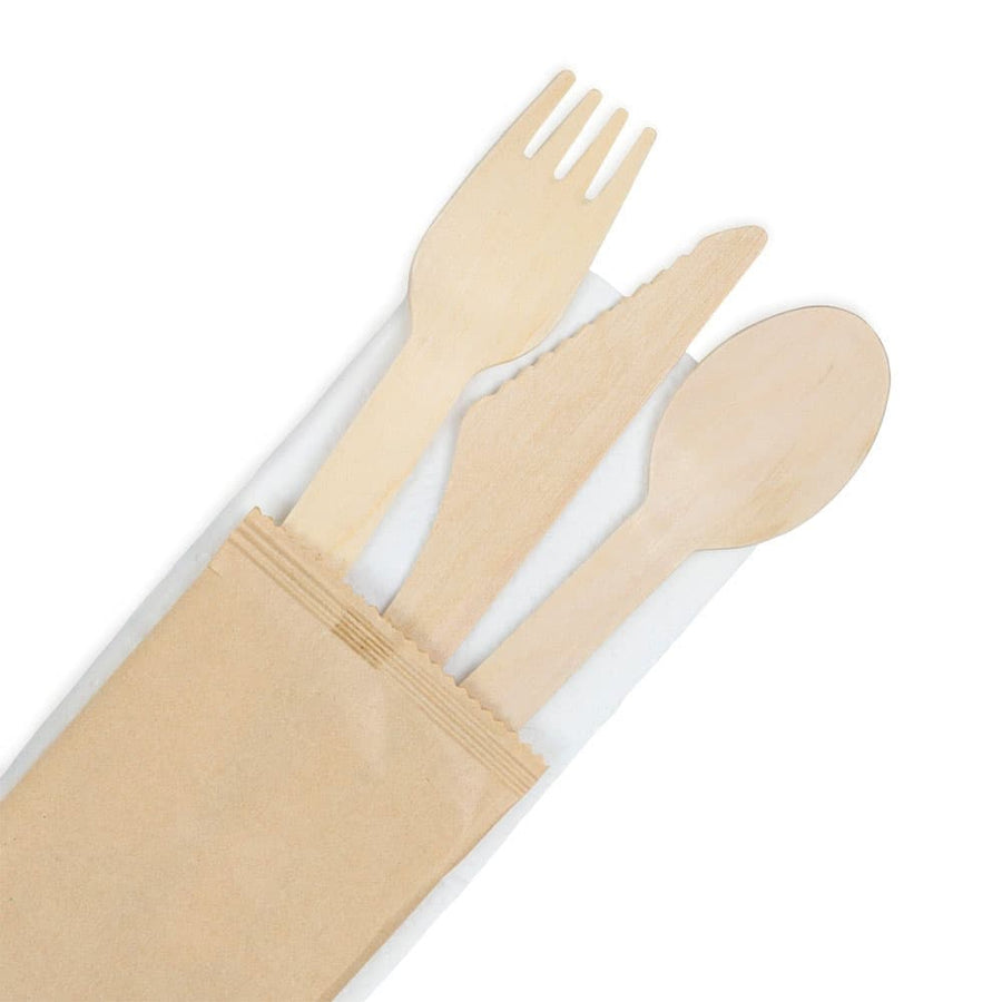 Holzbesteck-Set Messer Gabel Löffel mit Serviette – einzeln verpackt