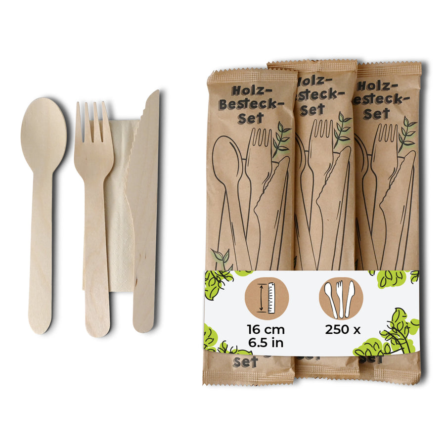 Holzbesteck-Set: Gabel, Messer, Löffel & Teelöffel, Einwegbesteck