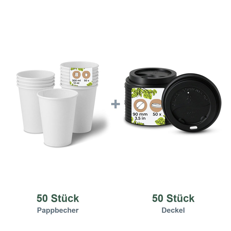 Set aus 50 Pappbecher weiß, 300 ml und 50 Deckel schwarz, Ø 90 mm