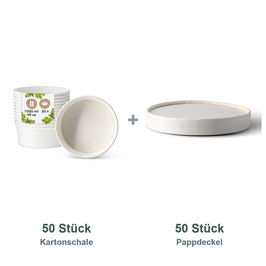 Set aus 50 Kartonschale weiß, 1000 ml und 50 Pappdeckel weiß, Ø 185 mm