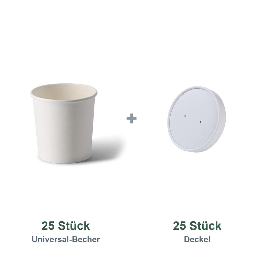 Set aus 25 Universal-Becher 300 ml und 25 Deckel Ø 90 mm