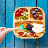 Babygeschirr Bambus eckig mit Saugnapf und Löffel, FSC-zertifiziert