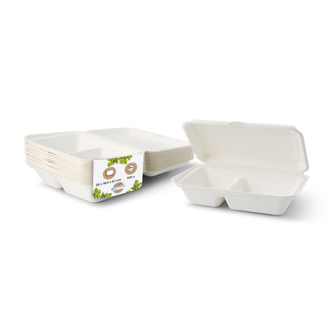Zuckerrohr-Menübox 2 Kammern mit Klappdeckel, 650 ml rechteckig
