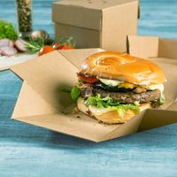 Burgerboxen aus Kraftkarton mit Klappdeckel, quadratisch, braun