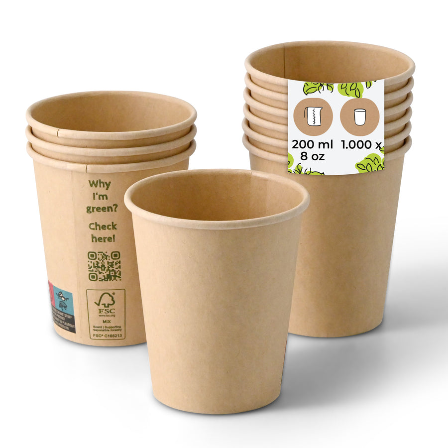 Pappbecher ungebleicht – braune Einwegbecher – 200ml / 8oz (1000 Stück)