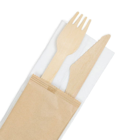 Holzbesteck-Set Messer & Gabel mit Serviette – einzeln verpackt