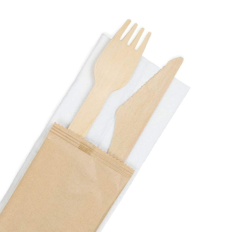 Holzbesteck-Set Messer & Gabel mit Serviette – einzeln verpackt