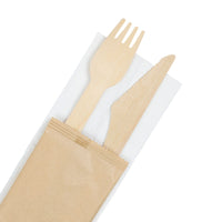 Holzbesteck-Set Messer & Gabel mit Serviette – einzeln verpackt