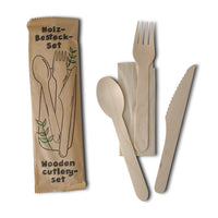 Holzbesteck-Set: Gabel, Messer, Löffel & Teelöffel, Einwegbesteck
