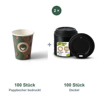 Set aus 100 Pappbecher bedruckt Kaffeebohne, 200 ml und 100 Deckel schwarz, Ø 80 mm
