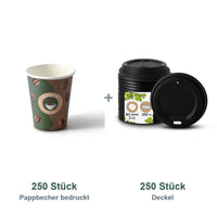 Set aus 250 Pappbecher bedruckt Kaffeebohne, 200 ml und 250 Deckel schwarz, Ø 80 mm