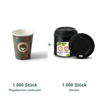 Set aus 1.000 Pappbecher bedruckt Kaffeebohne, 200 ml und 1.000 Deckel schwarz, Ø 80 mm