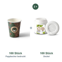Set aus 100 Pappbecher bedruckt Kaffeebohne, 200 ml und 100 Deckel weiß, Ø 80 mm