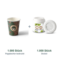 Set aus 1.000 Pappbecher bedruckt Kaffeebohne, 200 ml und 1.000 Deckel weiß, Ø 80 mm