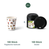 Set aus 100 Pappbecher bedruckt Pride, 200 ml und 100 Deckel schwarz, Ø 80 mm