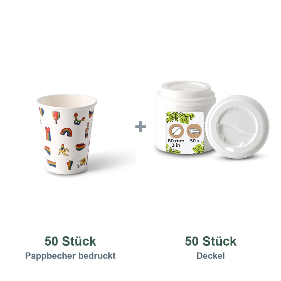Set aus 50 Pappbecher bedruckt Pride, 200 ml und 50 Deckel weiß, Ø 80 mm