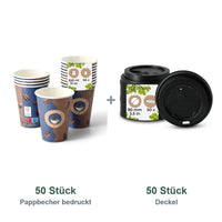 Set aus 50 Pappbecher bedruckt Kaffeebohne, 300 ml und 50 Deckel schwarz, Ø 90 mm
