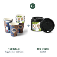 Set aus 100 Pappbecher bedruckt Kaffeebohne, 300 ml und 100 Deckel schwarz, Ø 90 mm