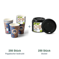 Set aus 250 Pappbecher bedruckt Kaffeebohne, 300 ml und 250 Deckel schwarz, Ø 90 mm