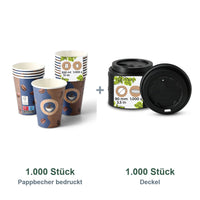 Set aus 1.000 Pappbecher bedruckt Kaffeebohne, 300 ml und 1.000 Deckel schwarz, Ø 90 mm