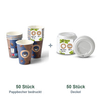 Set aus 50 Pappbecher bedruckt Kaffeebohne, 300 ml und 50 Deckel weiß, Ø 90 mm