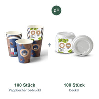 Set aus 100 Pappbecher bedruckt Kaffeebohne, 300 ml und 100 Deckel weiß, Ø 90 mm