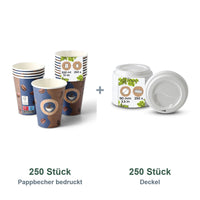 Set aus 250 Pappbecher bedruckt Kaffeebohne, 300 ml und 250 Deckel weiß, Ø 90 mm