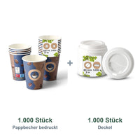 Set aus 1.000 Pappbecher bedruckt Kaffeebohne, 300 ml und 1.000 Deckel weiß, Ø 90 mm