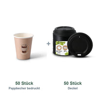 Set aus 50 Pappbecher bedruckt Coffeebreak, 200 ml und 50 Deckel schwarz, Ø 80 mm