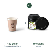 Set aus 100 Pappbecher bedruckt Coffeebreak, 200 ml und 100 Deckel schwarz, Ø 80 mm