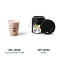 Set aus 250 Pappbecher bedruckt Coffeebreak, 200 ml und 250 Deckel schwarz, Ø 80 mm