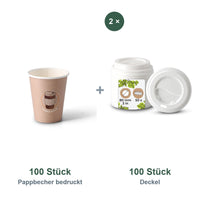 Set aus 100 Pappbecher bedruckt Coffeebreak, 200 ml und 100 Deckel weiß, Ø 80 mm