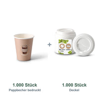 Set aus 1.000 Pappbecher bedruckt Coffeebreak, 200 ml und 1.000 Deckel weiß, Ø 80 mm