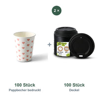 Set aus 100 Pappbecher bedruckt Herzen, 200 ml und 100 Deckel schwarz, Ø 80 mm