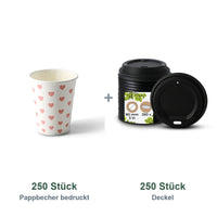 Set aus 250 Pappbecher bedruckt Herzen, 200 ml und 250 Deckel schwarz, Ø 80 mm