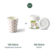 Set aus 100 Pappbecher bedruckt Herzen, 200 ml und 100 Deckel weiß, Ø 80 mm