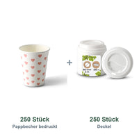 Set aus 250 Pappbecher bedruckt Herzen, 200 ml und 250 Deckel weiß, Ø 80 mm