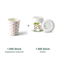 Set aus 1.000 Pappbecher bedruckt Herzen, 200 ml und 1.000 Deckel weiß, Ø 80 mm
