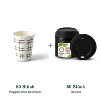 Set aus 50 Pappbecher bedruckt TicTacToe, 200 ml und 50 Deckel schwarz, Ø 80 mm