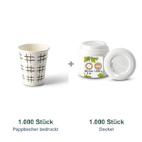 Set aus 1.000 Pappbecher bedruckt TicTacToe, 200 ml und 1.000 Deckel weiß, Ø 80 mm