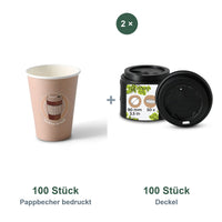 Set aus 100 Pappbecher bedruckt Coffeebreak, 300 ml und 100 Deckel schwarz, Ø 90 mm