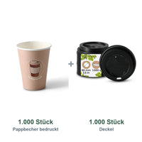 Set aus 1.000 Pappbecher bedruckt Coffeebreak, 300 ml und 1.000 Deckel schwarz, Ø 90 mm