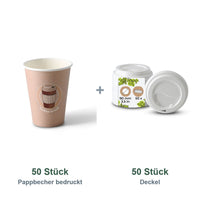 Set aus 50 Pappbecher bedruckt Coffeebreak, 300 ml und 50 Deckel weiß, Ø 90 mm