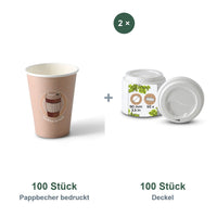 Set aus 100 Pappbecher bedruckt Coffeebreak, 300 ml und 100 Deckel weiß, Ø 90 mm