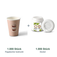 Set aus 1.000 Pappbecher bedruckt Coffeebreak, 300 ml und 1.000 Deckel weiß, Ø 90 mm