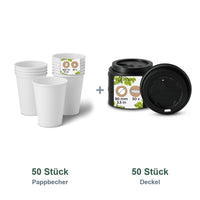 Set aus 50 Pappbecher weiß, 300 ml und 50 Deckel schwarz, Ø 90 mm