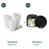 Set aus 100 Pappbecher weiß, 300 ml und 100 Deckel schwarz, Ø 90 mm
