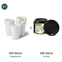 Set aus 250 Pappbecher weiß, 300 ml und 250 Deckel schwarz, Ø 90 mm