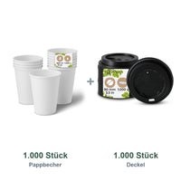 Set aus 1.000 Pappbecher weiß, 300 ml und 1.000 Deckel schwarz, Ø 90 mm